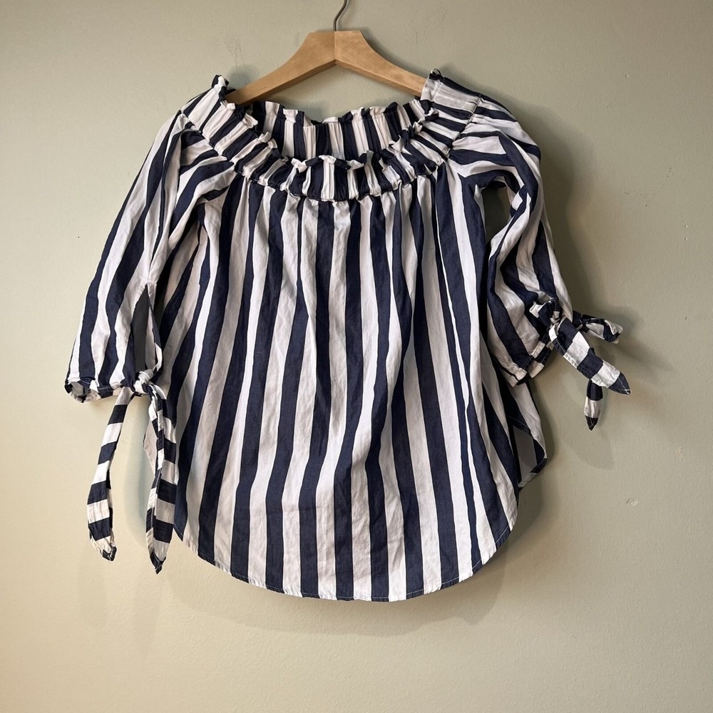 Striped Off-Shoulder Blouse Womens Size 6 With Tie Sleeves